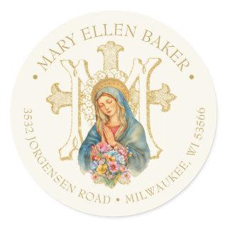 Religious Mother Mary Gold Marian Cross Classic Round Sticker
