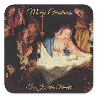 Religious Nativity Gold Calligraphy Christmas Gift Square Sticker