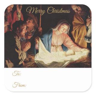 Religious Nativity Gold Script Christmas Gift Square Sticker