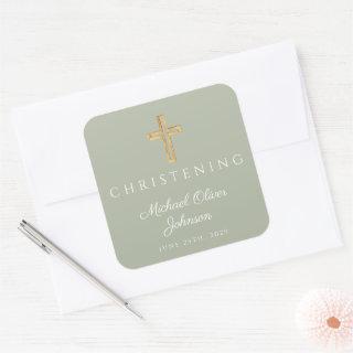 Religious Sage Green Wood Cross Christening Square Sticker