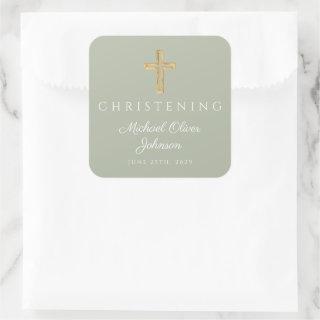 Religious Sage Green Wood Cross Christening  Square Sticker