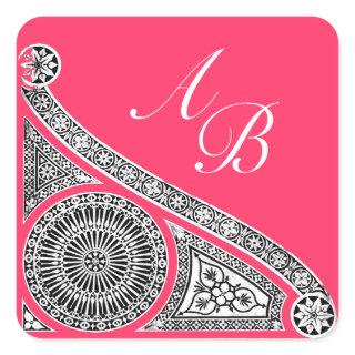 RENAISSANCE MONOGRAM pink fuchsia black white Square Sticker