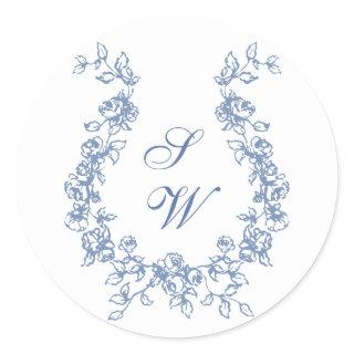 Renaissance Ornate Floral Dusty Blue Wedding Classic Round Sticker