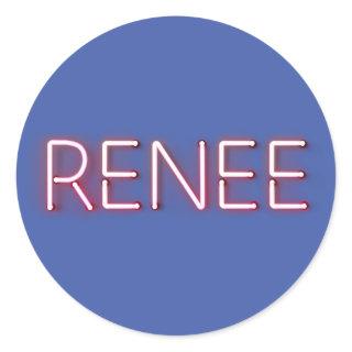 Renee name in glowing neon lights novelty classic round sticker
