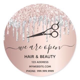 Reopening hair pink glitter beauty salon rose gold classic round sticker
