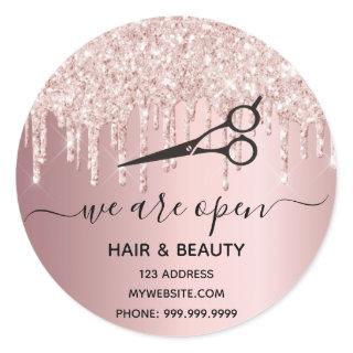 Reopening hair pink glitter beauty salon rose gold classic round sticker