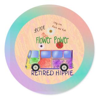 Retired Hippie, groovy design, framed Classic Round Sticker