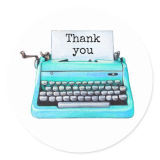 Retro 60s Aqua Typewriter Cute Girly Thank You  Classic Round Sticker