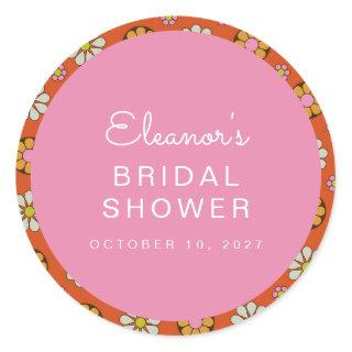 Retro 60s Flowers Orange Pink Bridal Shower Custom Classic Round Sticker