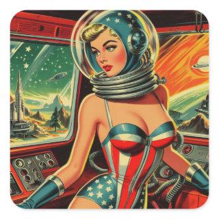 Retro Astronaut Girl Square Sticker