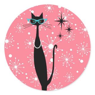 Retro Atomic Era Mid Century Modern MCM Black Cat Classic Round Sticker