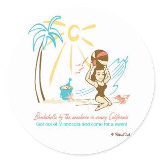 Retro 'Beach Bombshell' Classic Round Sticker