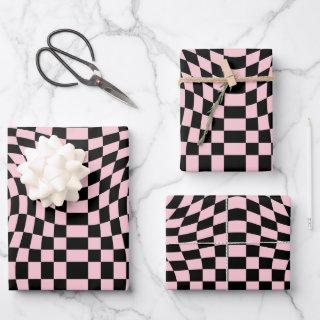 Retro Black Pink Checks Warped Checkered Dorm   Sheets