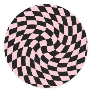 Retro Black Pink Pastel Warped Checks Checkered   Classic Round Sticker
