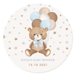 Retro Blue Brown Teddy Bear Balloons Baby Boy Classic Round Sticker