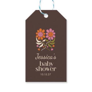 Retro Boho Brown Flower Groovy Baby Shower Custom Gift Tags
