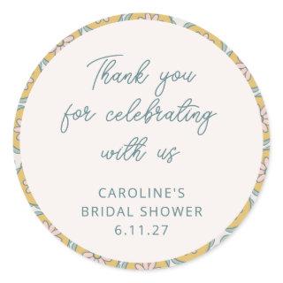 Retro Boho Floral Yellow Custom Shower Thank You Classic Round Sticker