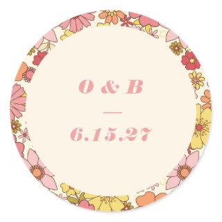 Retro Boho Pink Orange Floral Wedding Monogram Classic Round Sticker