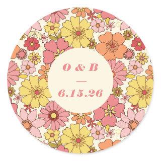 Retro Boho Pink Yellow Floral Wedding Monogram Classic Round Sticker