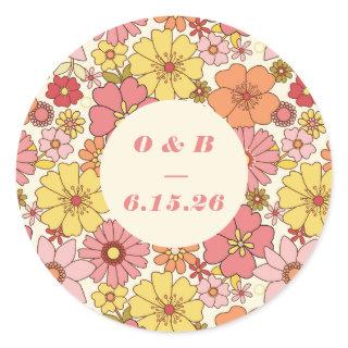 Retro Boho Pink Yellow Floral Wedding Monogram Classic Round Sticker