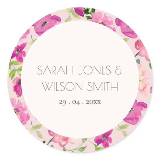 Retro Bright Pink Fun Watercolor Floral Wedding Classic Round Sticker