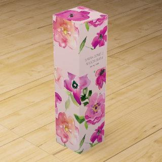 Retro Bright Pink Fun Watercolor Floral Wedding Wine Box