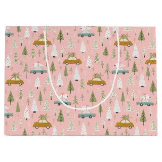 Retro Cars Pink Christmas Woodland Trees forest Large Gift Bag