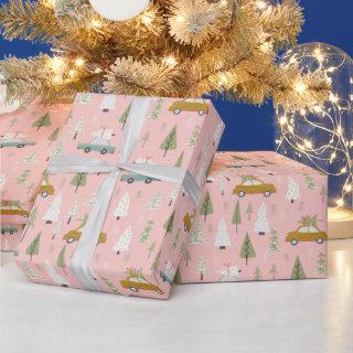 Retro Cars Pink Christmas Woodland Trees forest