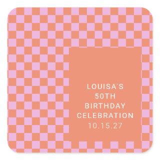 Retro Checkerboard Pink Orange Custom Birthday  Square Sticker