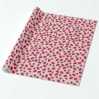 Retro Cherries on Peach Pink Polka Dot Background