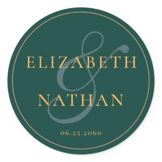 Retro Classy Minimal Emerald Green Wedding  Classic Round Sticker