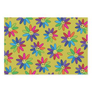 Retro   colorful flowers with happy faces pattern   sheets