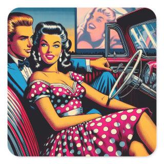 Retro Couple in Car at Drive In Movie Square Sticker