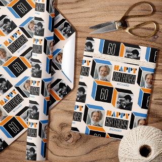 Retro Cube Modern Photo Birthday 60th Orange Blue