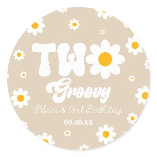 Retro Daisy Flower Two Groovy 2nd Birthday Party Classic Round Sticker