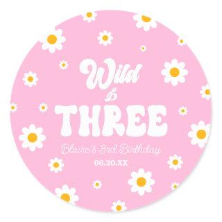 Retro Daisy Flower Wild & Three 3rd Birthday Party Classic Round Sticker