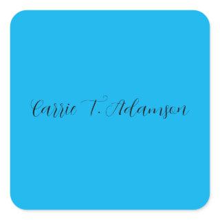Retro Elegant Plain Sky Blue Calligraphy Name Square Sticker