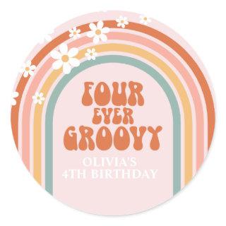 Retro Four Ever Groovy daisy rainbow 4th birthday Classic Round Sticker