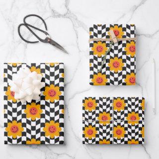 Retro Groovy Daisy Flower Aesthetic Checkered  Sheets