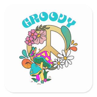 Retro Groovy Peace Sign Flowers Hippy  Square Sticker