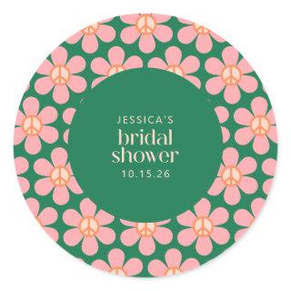 Retro Hippie Peace Sign Flower Green Pink Shower  Classic Round Sticker