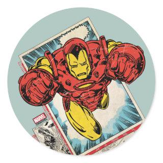 Retro Iron Man Flying Out Of Comic Classic Round Sticker