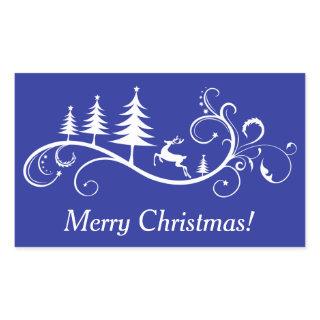 Retro Leaping Deer and Tree Christmas Rectangular Sticker