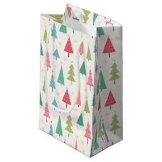 Retro Merry Christmas Trees Fun Holiday Pattern Small Gift Bag