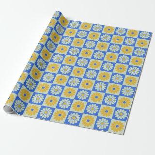 Retro Mid Century Mod Flowers in Blue and Yellow