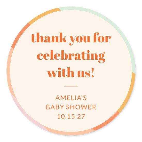 Retro Mint Orange Stripes Custom Baby Shower Thank Classic Round Sticker