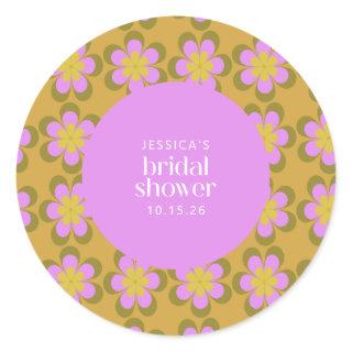 Retro Mod Flowers Purple and Yellow Bridal Shower  Classic Round Sticker