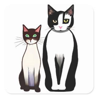 Retro Modern Black and White Cat and Kitten Square Sticker