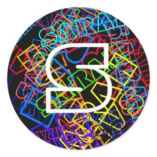 Retro-Modern Name & Monogram Bright Colors & Black Classic Round Sticker