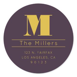 Retro-modern Surname Return Address & Monogram Classic Round Sticker